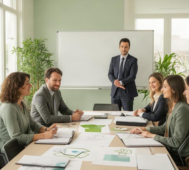 Team di consulenti HR riunito in una sala aziendale luminosa a Seriate, con documenti e lavagna di lavoro